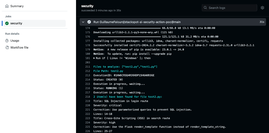 The GitHub Actions tab on GitHub, with the workflow run logs, highlights the action output with two vulnerabilities detected for the test2.py file, detailed using the title, severity, correction, and lines fields defined in the prompt.