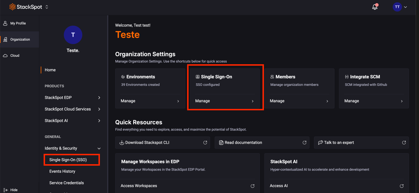 Screenshot of the StackSpot Account Portal in the Organization section. A red rectangle highlights the &#39;Identity and Security&#39; section and the &#39;Single Sign-On (SSO)&#39; subsection in the main menu.