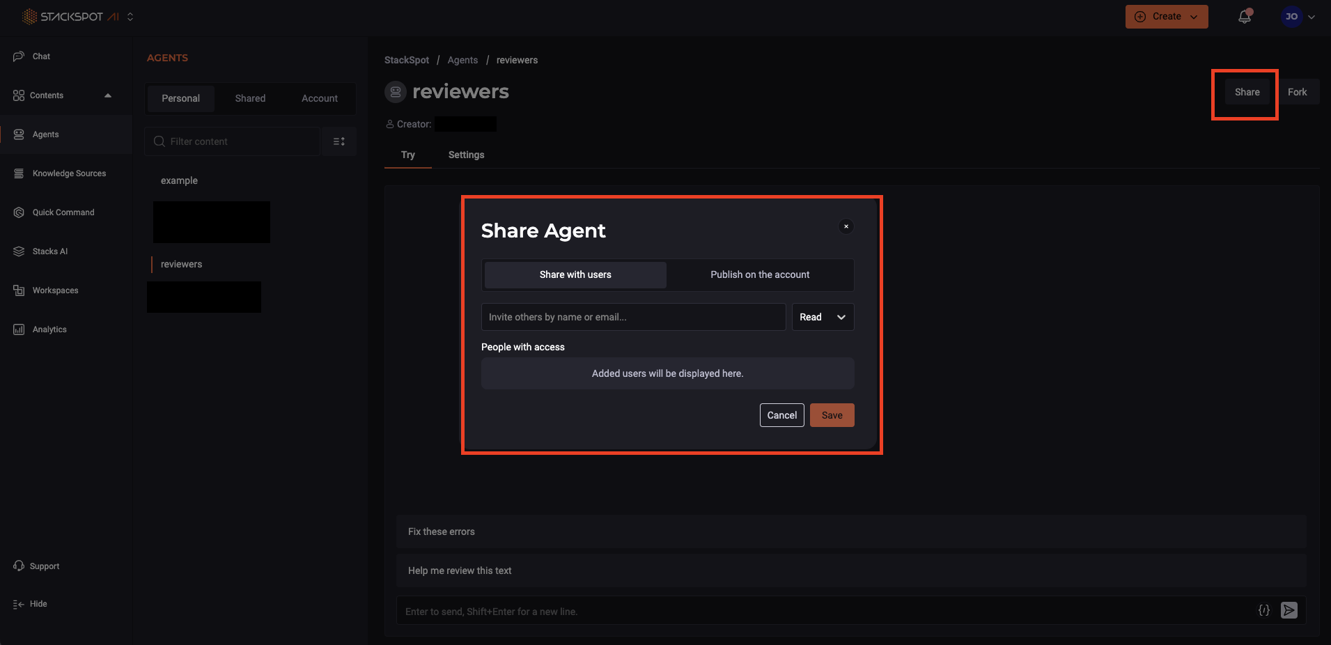 Image shows the share button located on the right side of the Agent screen.