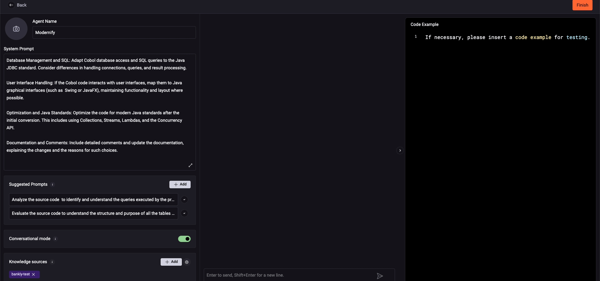 GIF shows the Agents section in the StackSpot Portal. The mouse clicks on the system prompt, followed by the suggested prompts and the addition of Knowledge Sources. Then, the mouse clicks on the settings button, where the number of Knowledge Sources and the relevance limit are displayed.