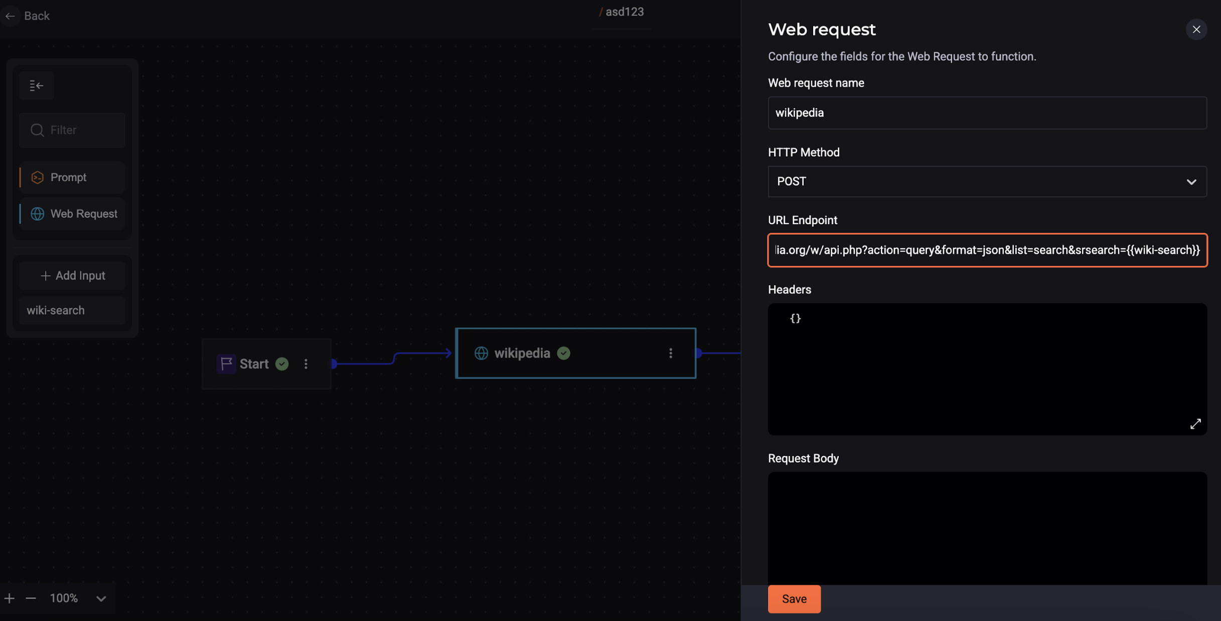 Screenshot displaying the quick command web request, identification, HTTP method, URL endpoint and request body