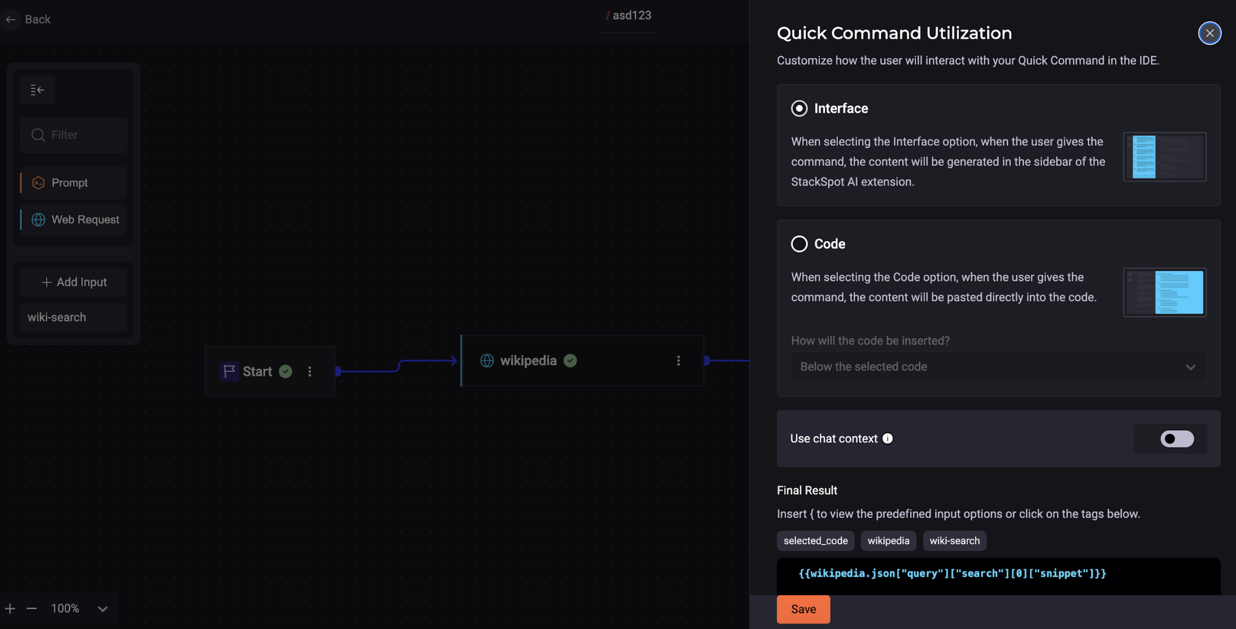 Screenshot displaying the quick command utilization page and the final result