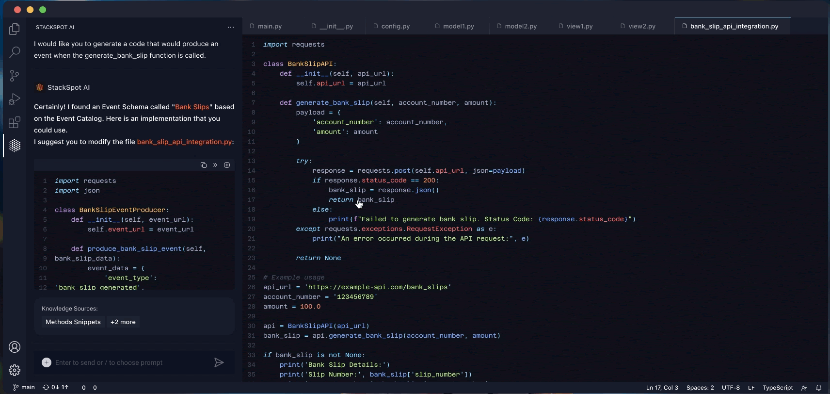 Gif demonstrating the IDE creation screen and how to use a Quick Command. The mouse cursor selects a code and, with the right button, chooses the StackSpot AI option. Then, it selects &#39;My Quick Commands&#39; and chooses an available Quick Command.