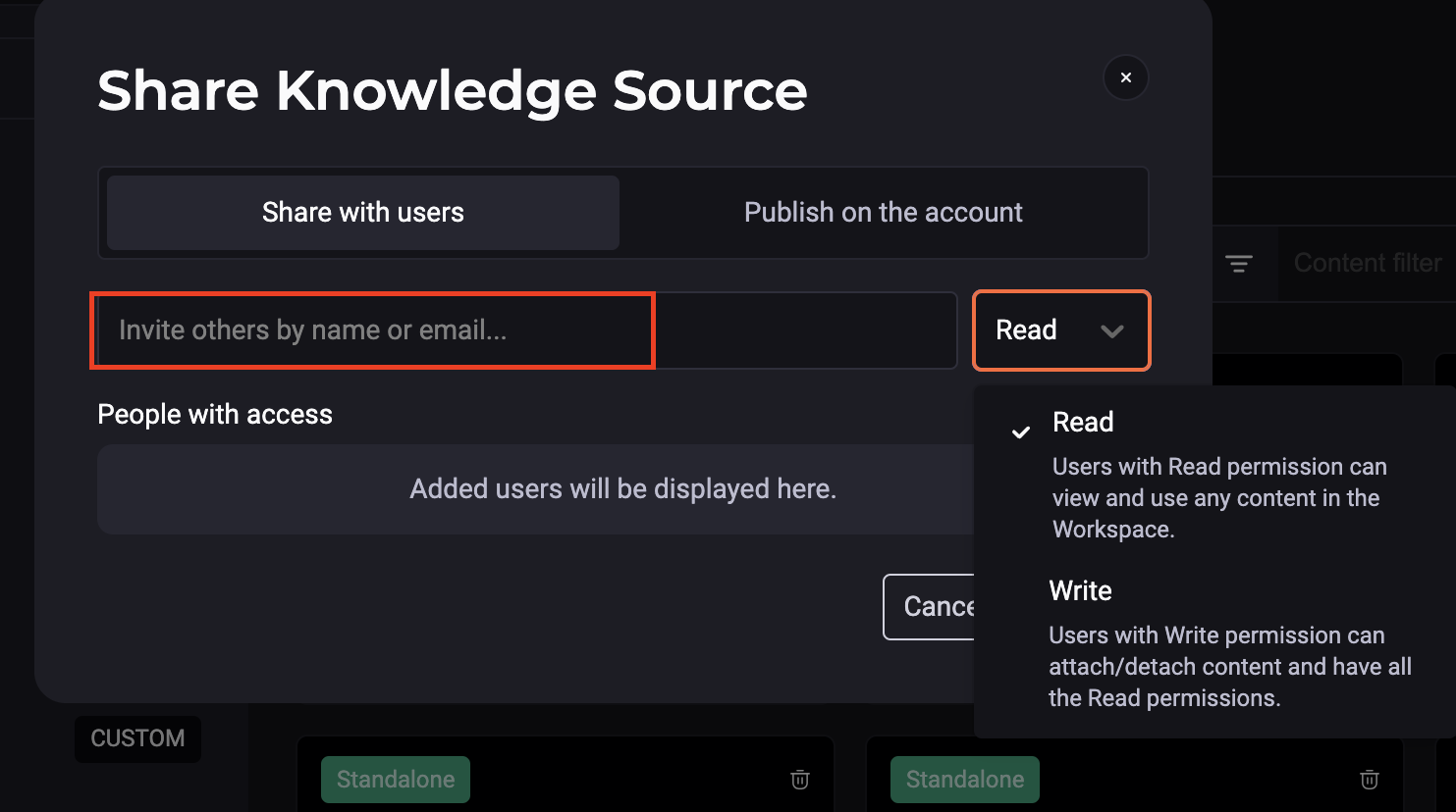 image showing the share with users page