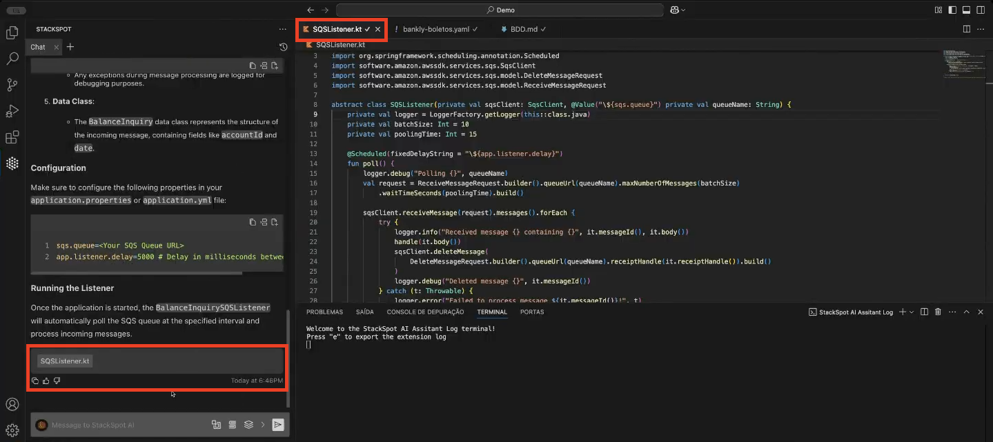 Screenshot of an IDE displaying a file named &quot;sqsl&quot; in the file tree, with a chat box indicating that StackSpot AI used the same file to generate a response to the user&#39;s question.