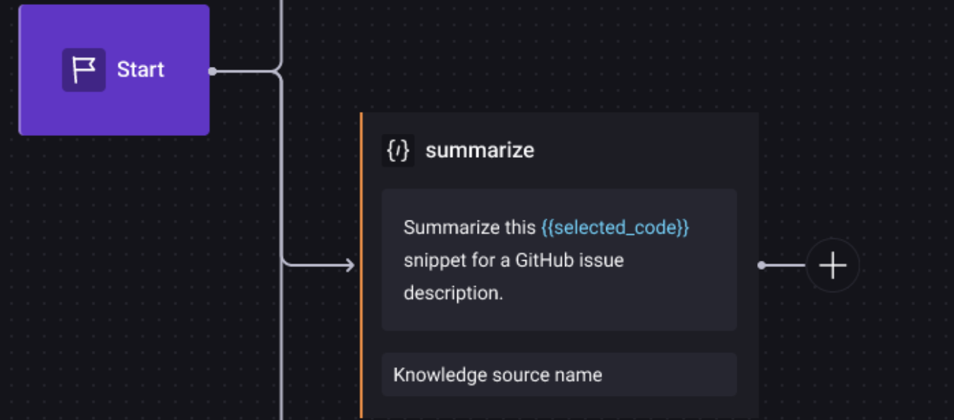 Screenshot of the Quick Command creation screen on the StackSpot portal. A highlight is displayed in the area for adding the Quick Command&#39;s function, which is &#39;Summarize this {selected_code} snippet for a GitHub issue description&#39;.