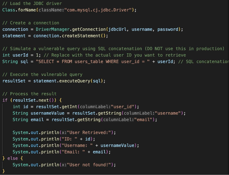 Screenshot of a java code with SQL Injection vulnerabilities