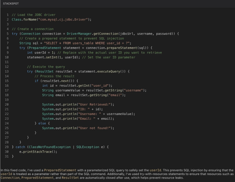 Screenshot StackSpot AI has fixed the detected vulnerability by replacing String concatenation in the code with parameter passing using Java PreparedStatement.