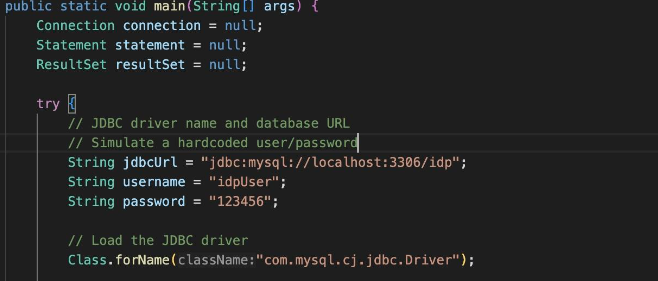 Screenshot Java code containing exposed credentials.