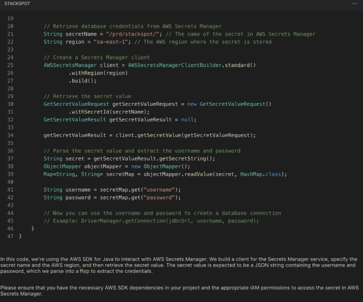 Screenshot StackSpot AI has replaced the username and password fields hardcoded in the code by using AWS Secret Manager, applying the information stored in this secret.