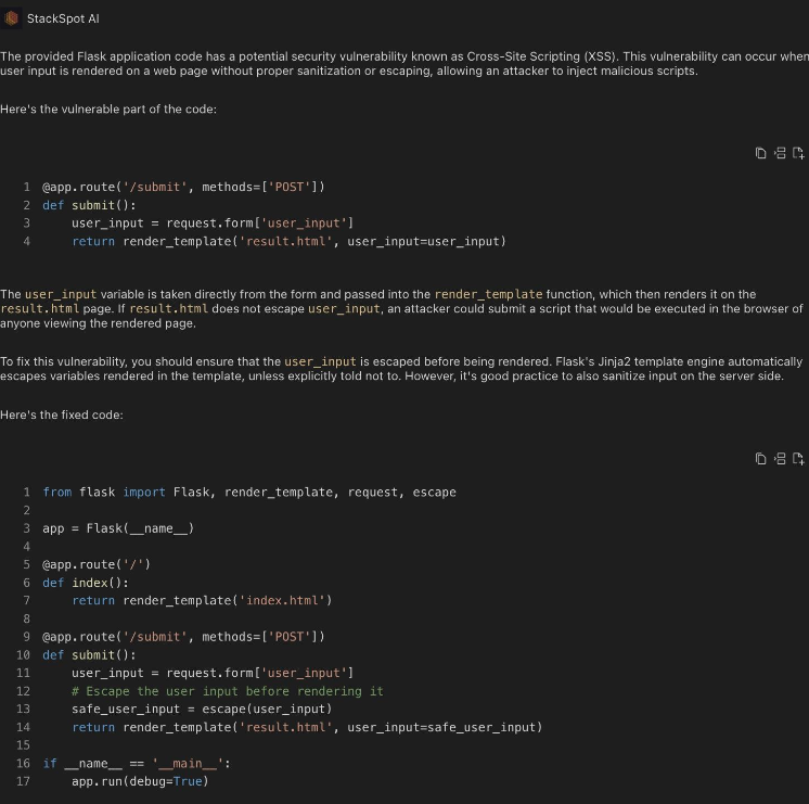 Screenshot StackSpot AI detected the Cross-Site Scripting (XSS) vulnerability and fixed the code by escaping the user_input variable.