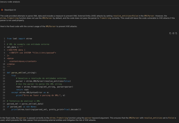 Screenshot: The parser is correctly passed to the tree in the corrected code.fromstring function using the &#39;parser&#39; keyword argument. It ensures the use of XMLParser, with the &#39;resolve_entities&#39; setting set to False, preventing the XML parser from processing external entities and reducing the risk of XXE attacks.