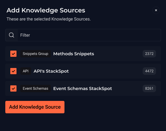 Captura de tela da interface para adicionar Knowledge Sources na StackSpot. A tela exibe três tipos de Knowledge Sources listados: Snippet Group, API e Event Schema. Depois dessas opções, encontra-se um botão rotulado Adicionar Knowledge Source