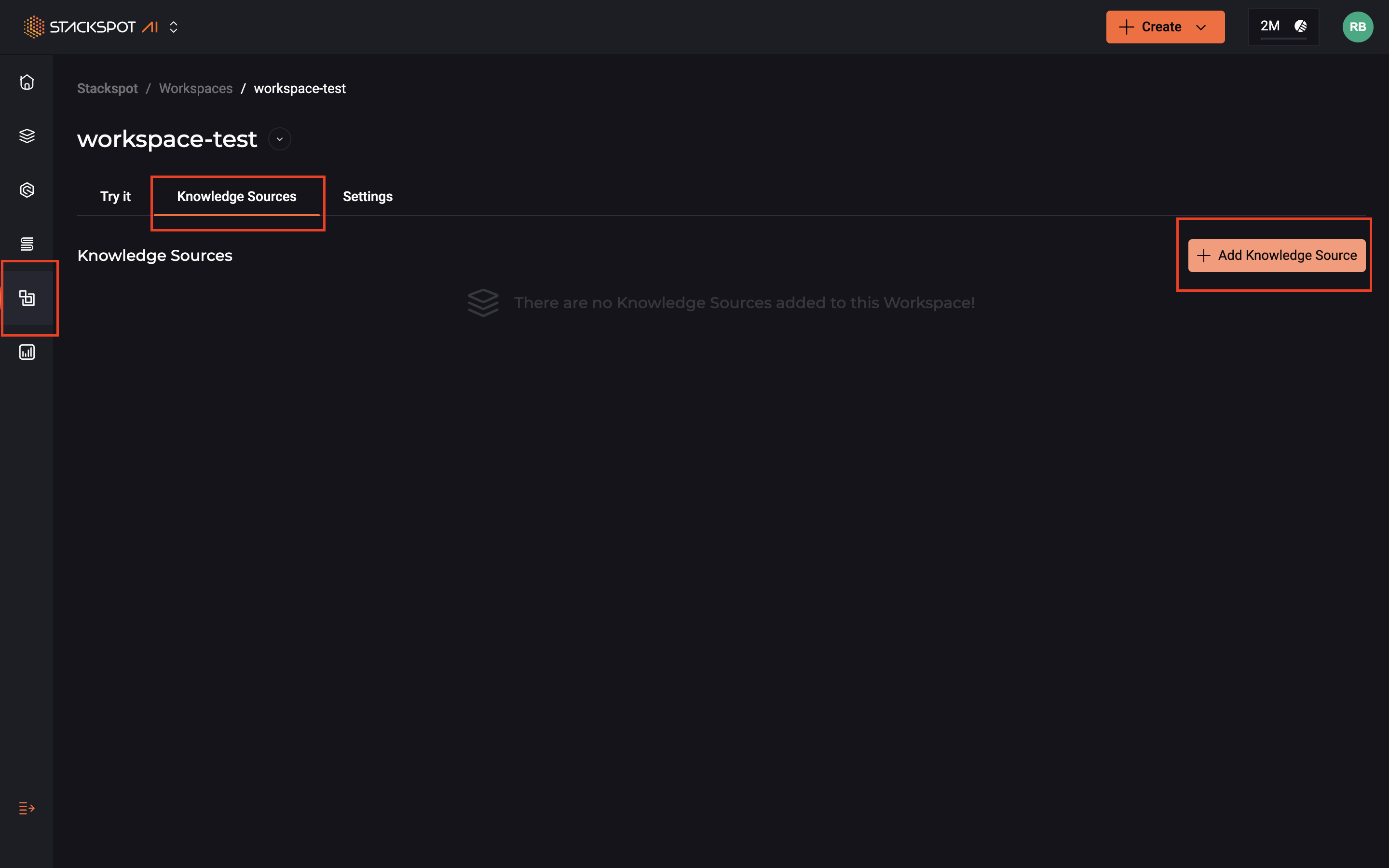 Captura de tela da página de workspace no site da StackSpot. A imagem mostra a interface com um destaque no botão 'Workspace' localizado no lado esquerdo e na aba Knowledge Source no menu localizado no lado superior direito da página. Ao lado direito dessa aba, há um botão para Adicionar Knowledge Source, também destacado.