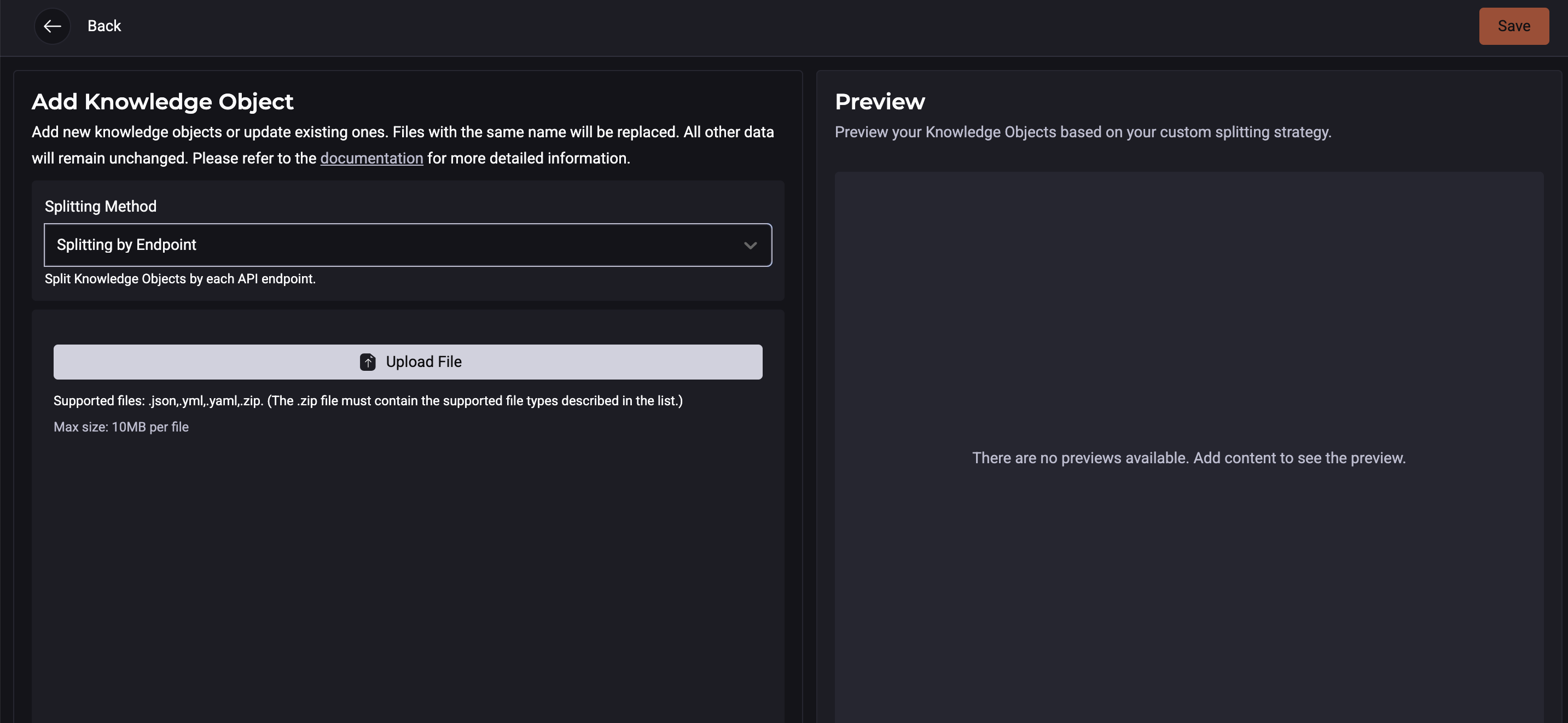 Captura de tela da página de criação de Knowledge Source API no Portal StackSpot, exibindo o botão Adicionar arquivo para upload de documentos e o botão Salvar para concluir a ação.