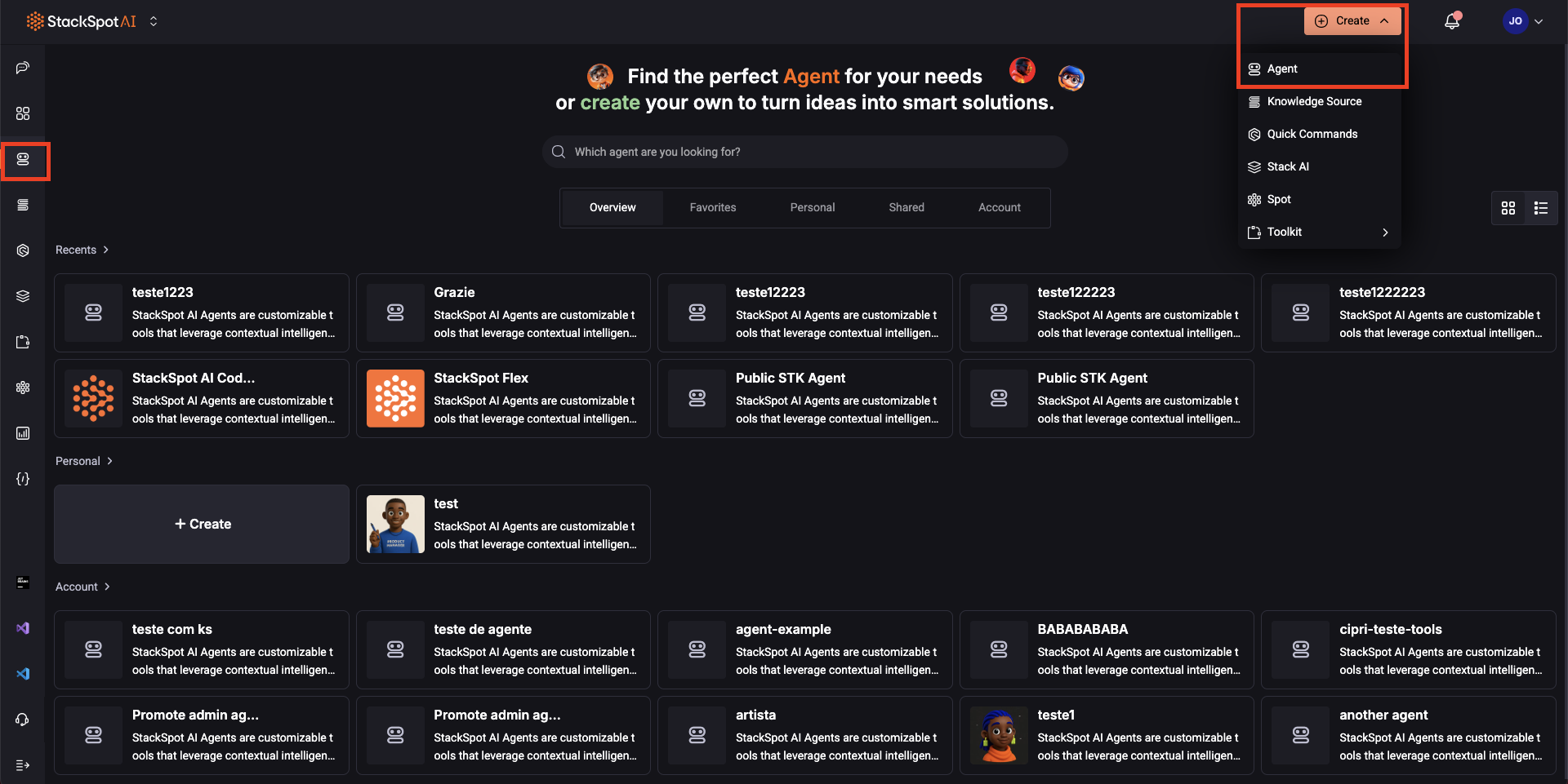 Imagem mostra a tela de Agentes no Portal da StackSpot AI. A seção Contents e o destaque para a seção Agentes e o botão Criar Agente.