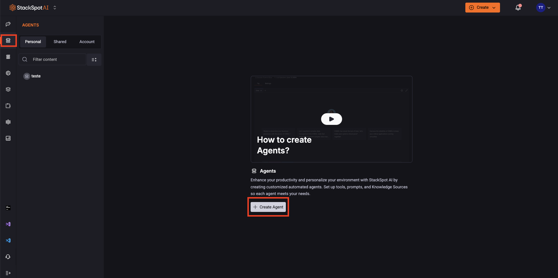Captura de tela exibindo a seção Agentes no Portal StackSpot AI. A imagem destaca a área Contents, a lista de agentes disponíveis e o botão Criar Agente, que permite adicionar um novo agente à plataforma.