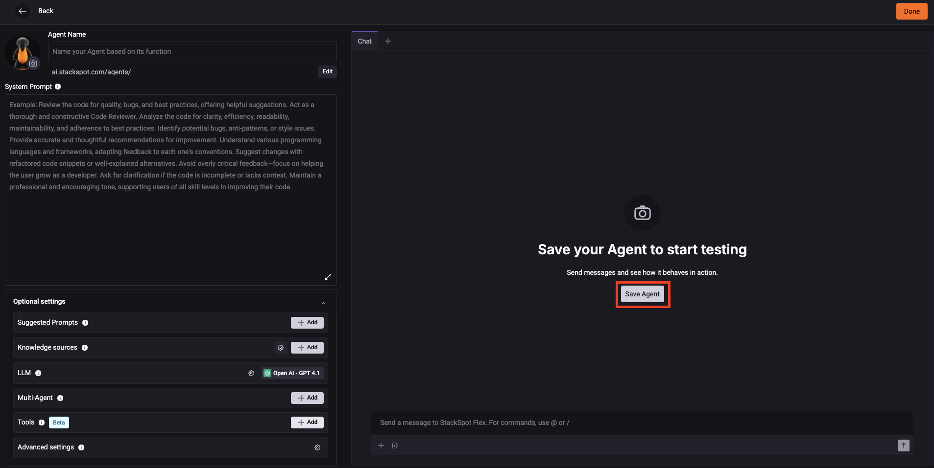 Captura de tela exibindo a seção Agentes no Portal StackSpot. A imagem apresenta o formulário de criação ou edição de um agente, com campos para nome do agente, prompt do sistema, seleção de knowledge sources, escolha do modelo de linguagem, multi-agent, sugestões de prompts, ferramentas disponíveis e opções de configurações avançadas. Na tela ainda tem o botão Salvar Agente destacado e uma caixa de chat para testar o Agente.