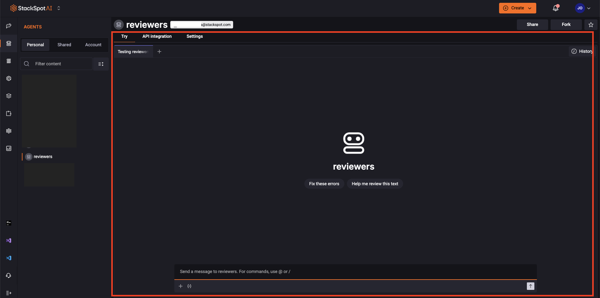 Imagem exibindo a seção Agentes no Portal StackSpot. A imagem destaca a funcionalidade Tentar, que permite testar o funcionamento dos agentes diretamente na interface.