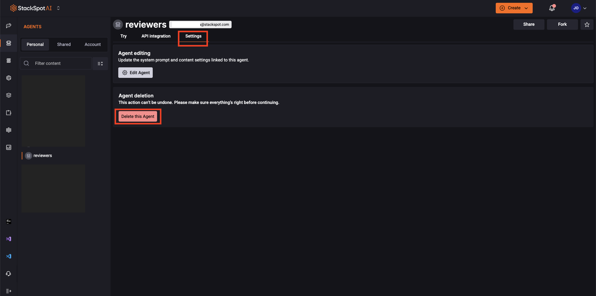 Imagem exibindo a interface do StackSpot AI na seção de Agente. A imagem destaca o botão Configurações nas abas do agente. Após acessar as configurações, é exibida a opção Apagar Agente, permitindo a exclusão do agente selecionado.