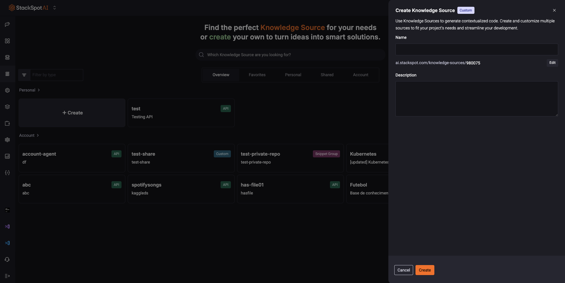 Image of Create Knowledge Source API. The name, slug identification and description fields. Then the create button