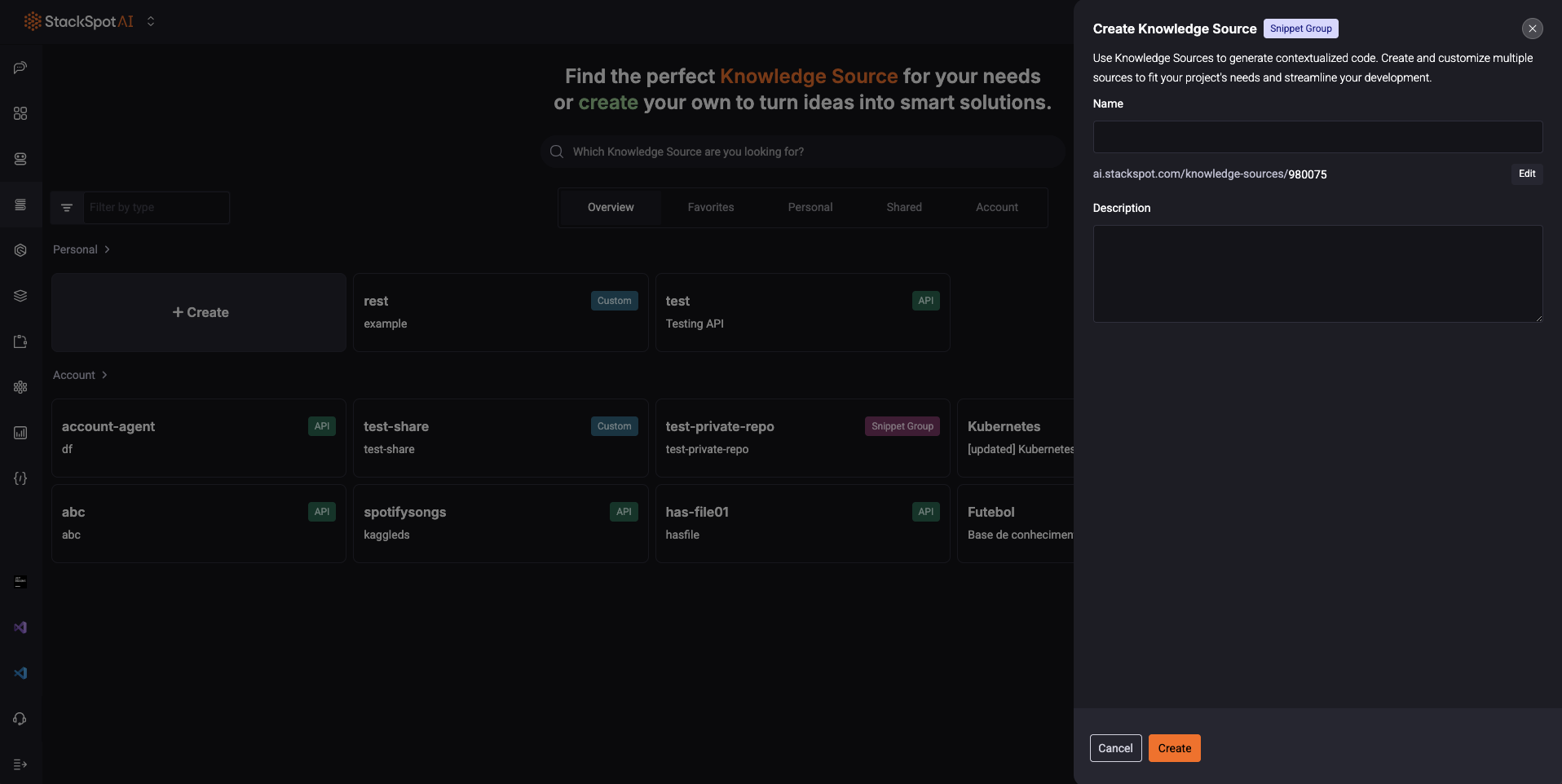 Imagem do Knowledge Source Personalizado, com os campos nome, identificação e descrição