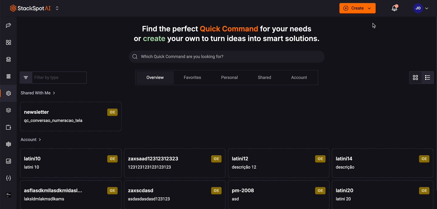 Animation showing the step-by-step process to create a Quick Commands IDE on the StackSpot AI Platform. The animation guides the user from accessing the portal, navigating through the main menu, to creating the Quick Command.