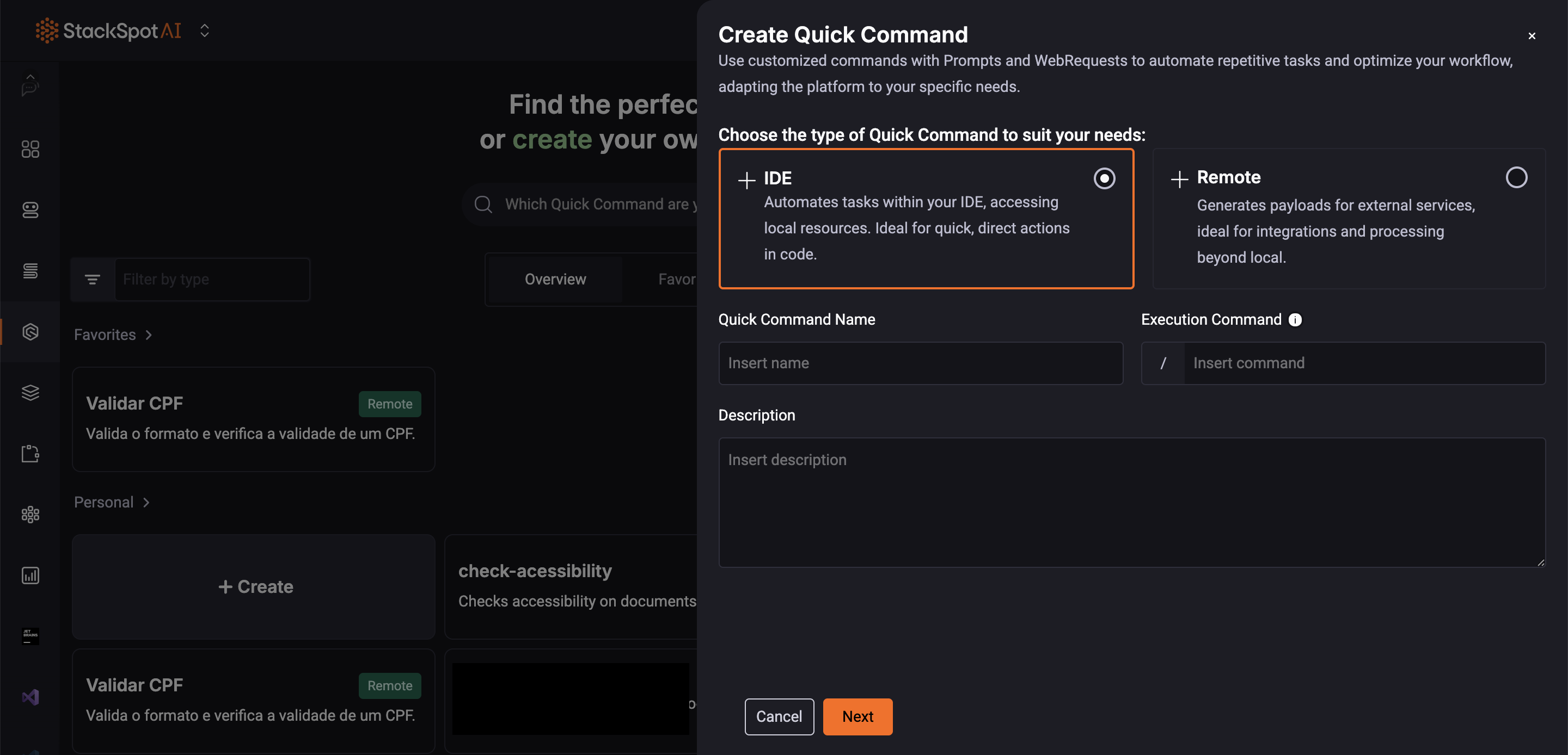 Image mostrando o menu com a seção contents e depois quick command.