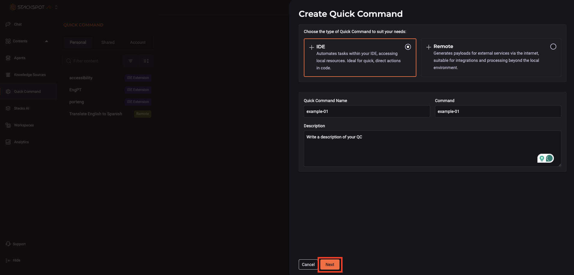 Captura de tela do portal da StackSpot AI mostrando a seleção de IDE, campos para nome do Quick Command, comando e descrição, com o botão Salvar destacado na parte inferior.