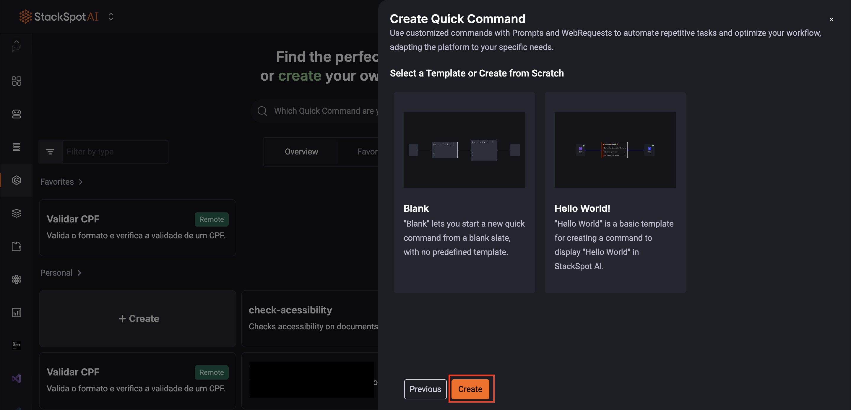 Image mostrando o menu com a seção contents e depois quick command.
