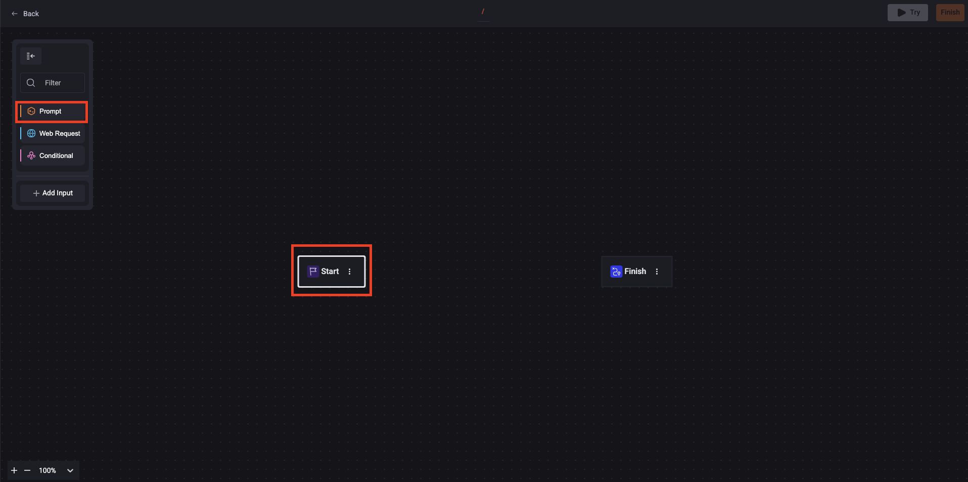 Captura de tela do portal da StackSpot AI mostrando a criação de um Quick Command, com o botão Prompt destacado e o botão Início visível na parte superior