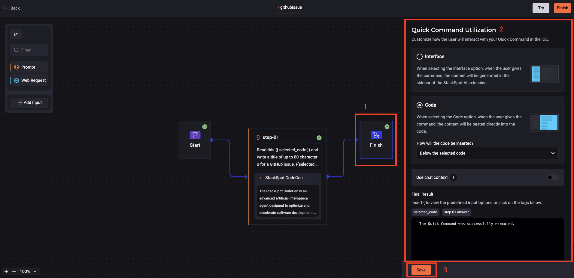 Captura de tela da seção de utilização do comando no portal StackSpot AI, mostrando as opções de interação do usuário com o comando na IDE e o resultado final. O botão Salvar está destacado