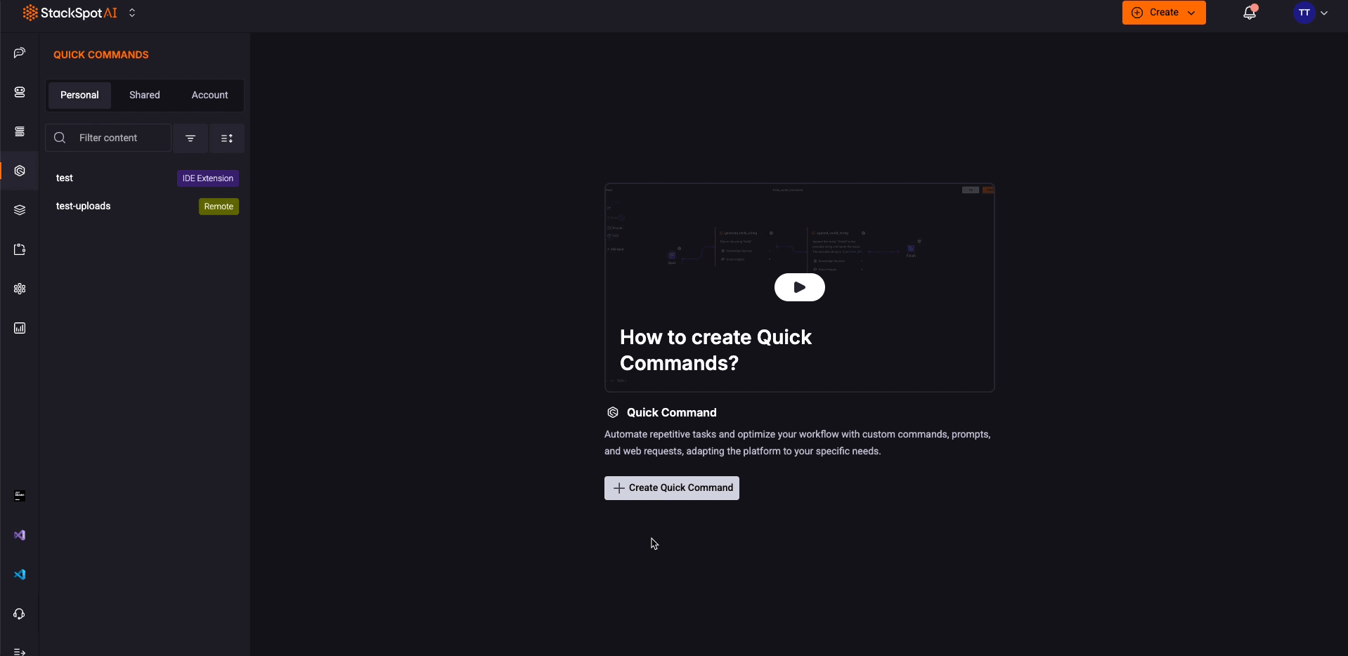 Animação mostrando o passo a passo para criar um Quick Command personalizado na Plataforma StackSpot AI. A animação guia o usuário desde o acesso ao portal, passando pela navegação no menu principal, até a criação do Quick Command.