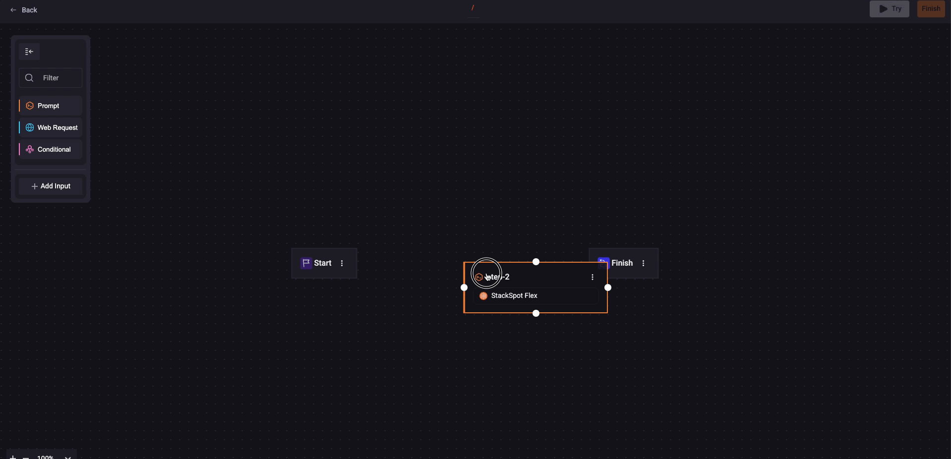 GIF tutorial da plataforma StackSpot AI mostrando, passo a passo, como criar um Quick Command do tipo Prompt. O GIF exibe o preenchimento da caixa de prompt com o texto: Leia este {input_data} e escreva o título até 80 caracteres para uma issue do GitHub. O cursor conecta visualmente as caixas de Início, Step01 e Finalizar. Por fim, a caixa Finalizar é configurada para que a resposta do Quick Command seja inserida abaixo do código selecionado.