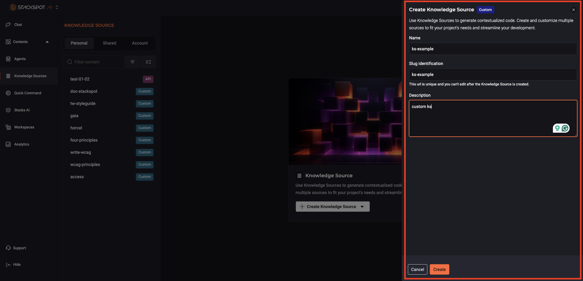 Captura de tela do formulário de criação de Knowledge Source Personalizado no Portal StackSpot, exibindo os campos Nome, Identificação e Descrição para preenchimento.