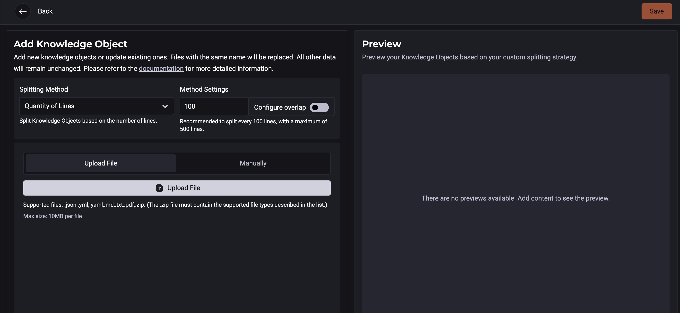 Imagem do Knowledge Source Personalizado, na aba de adicionar knowledge object com os campos enviar arquivo e manualmente