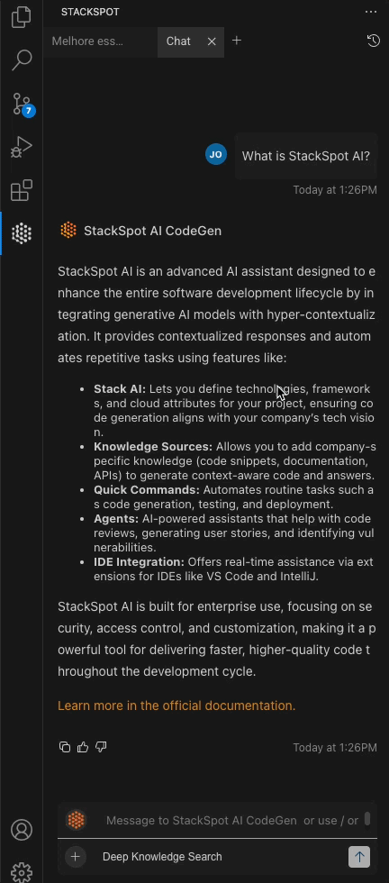 Botão Deep Knowledge Search na IDE 