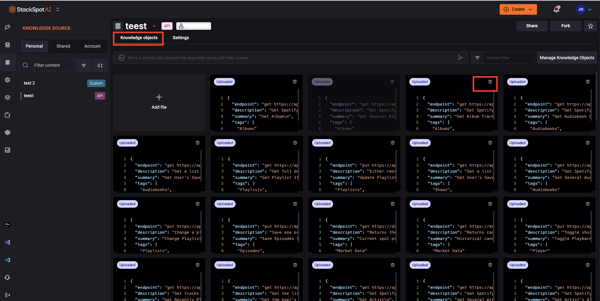 Tela do portal da StackSpot AI na seção de Knowledge Source. Um Knowledge Source foi selecionado e o botão de lixeira para excluir o Knowledge Object está visível no canto superior direito