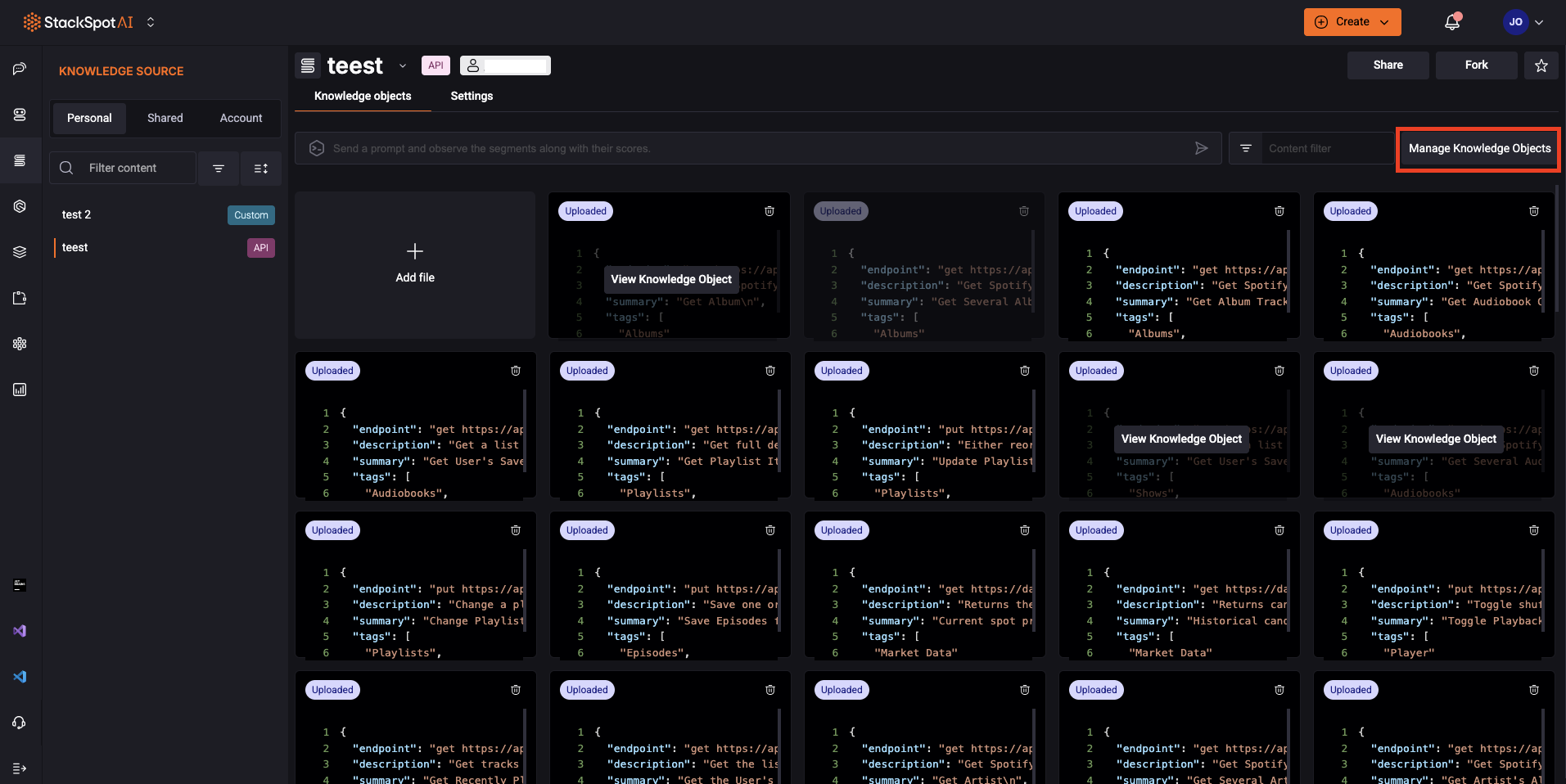Tela do portal da StackSpot AI após acessar a seção de Knowledge Source. O usuário clicou no botão 'Gerenciar Knowledge Objects', e a tela exibe as opções para apagar objetos standalone ou arquivos enviados via upload.