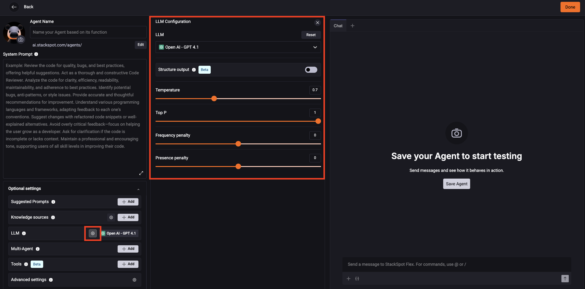 Captura de tela exibindo a seção de configuração do modelo de linguagem (LLM) na área de Agentes do Portal StackSpot AI. A imagem destaca os campos para ajustar parâmetros do modelo, como temperature, top p, frequência de penalização (frequency penalty) e penalização de presença (presence penalty), permitindo personalizar o comportamento das respostas do agente.