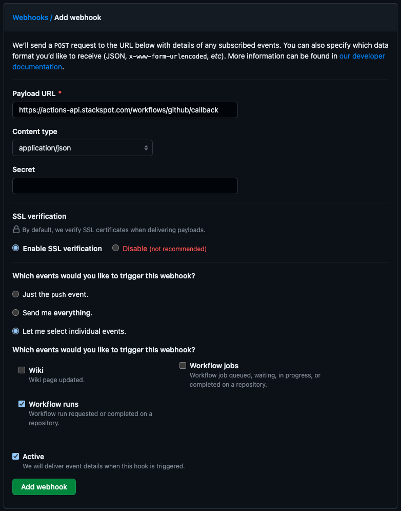GitHub Webhook configuration page, highlighting the steps to add a new webhook with the specific settings for StackSpot integration.