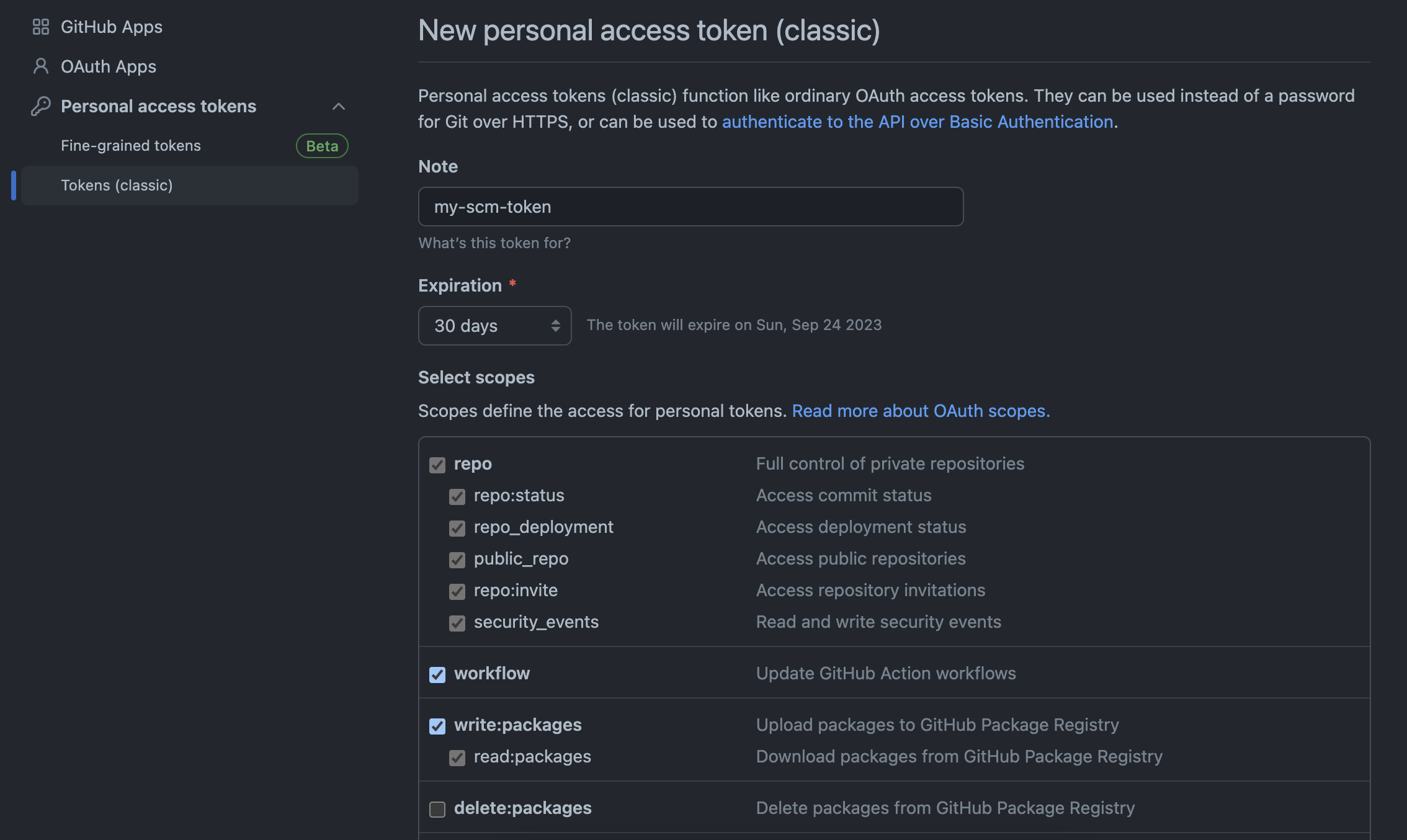 Image showing 'repo, workflow and write' permissions selected