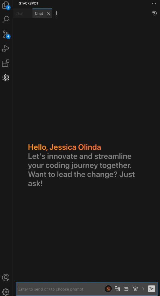 Um GIF demonstrando a extensão StackSpot AI no IDE. O usuário clica na barra na caixa de chat, revelando os Quick Commands categorizados como Pessoal, Conta e Compartilhado. O cursor também seleciona Agentes no botão lateral.
