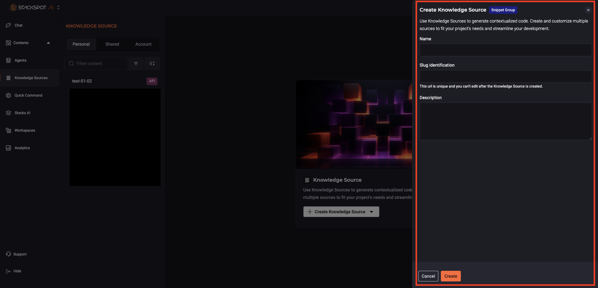 Captura de tela do formulário de criação de Knowledge Source Personalizado no Portal StackSpot, exibindo os campos para inserir nome, identificação e descrição do Knowledge Source.