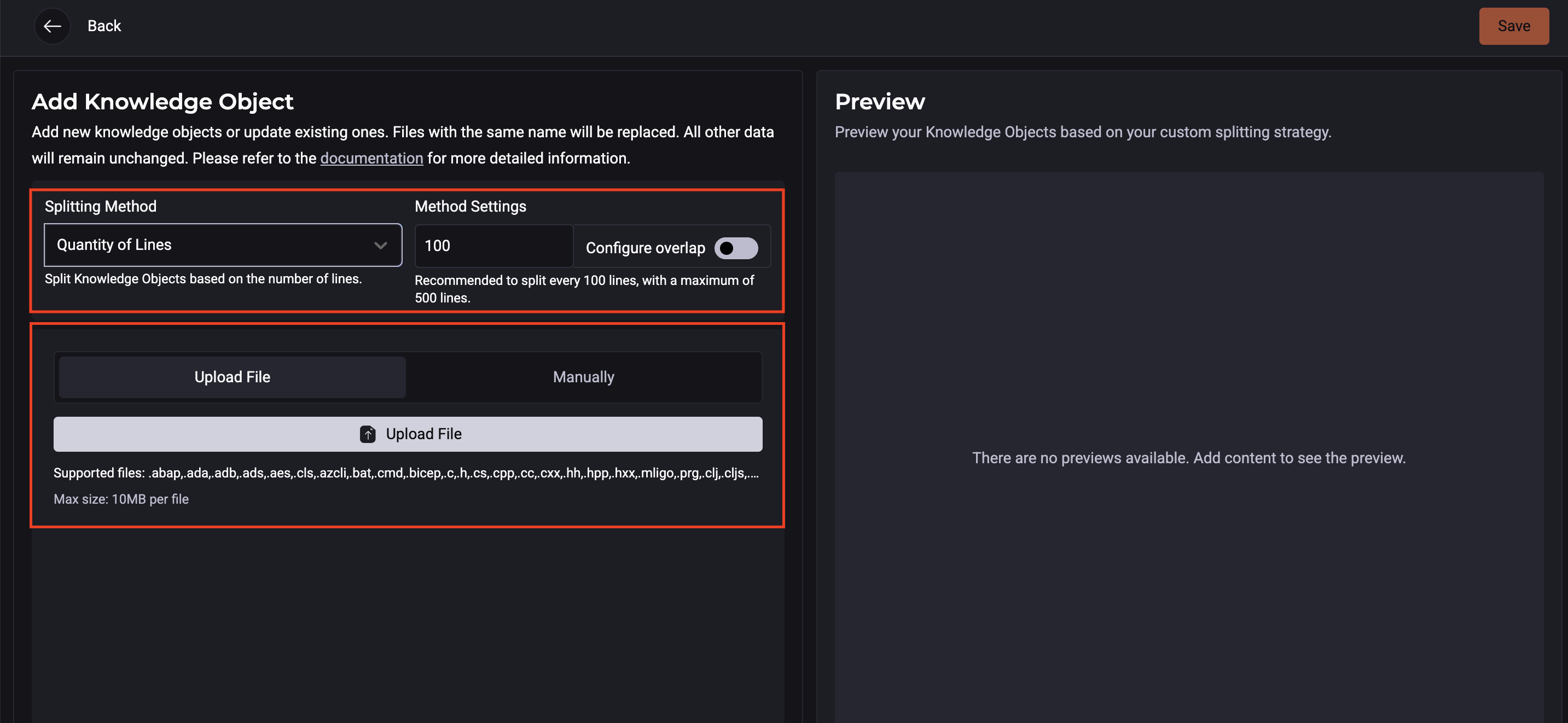 Captura de tela da página Knowledge Source no Portal StackSpot, exibindo a seção para adicionar Knowledge Objects. A imagem mostra as opções de método de divisão dos objetos, o botão Adicionar arquivo para upload de documentos e, à direita, a área de visualização que apresenta uma prévia dos arquivos selecionados.
