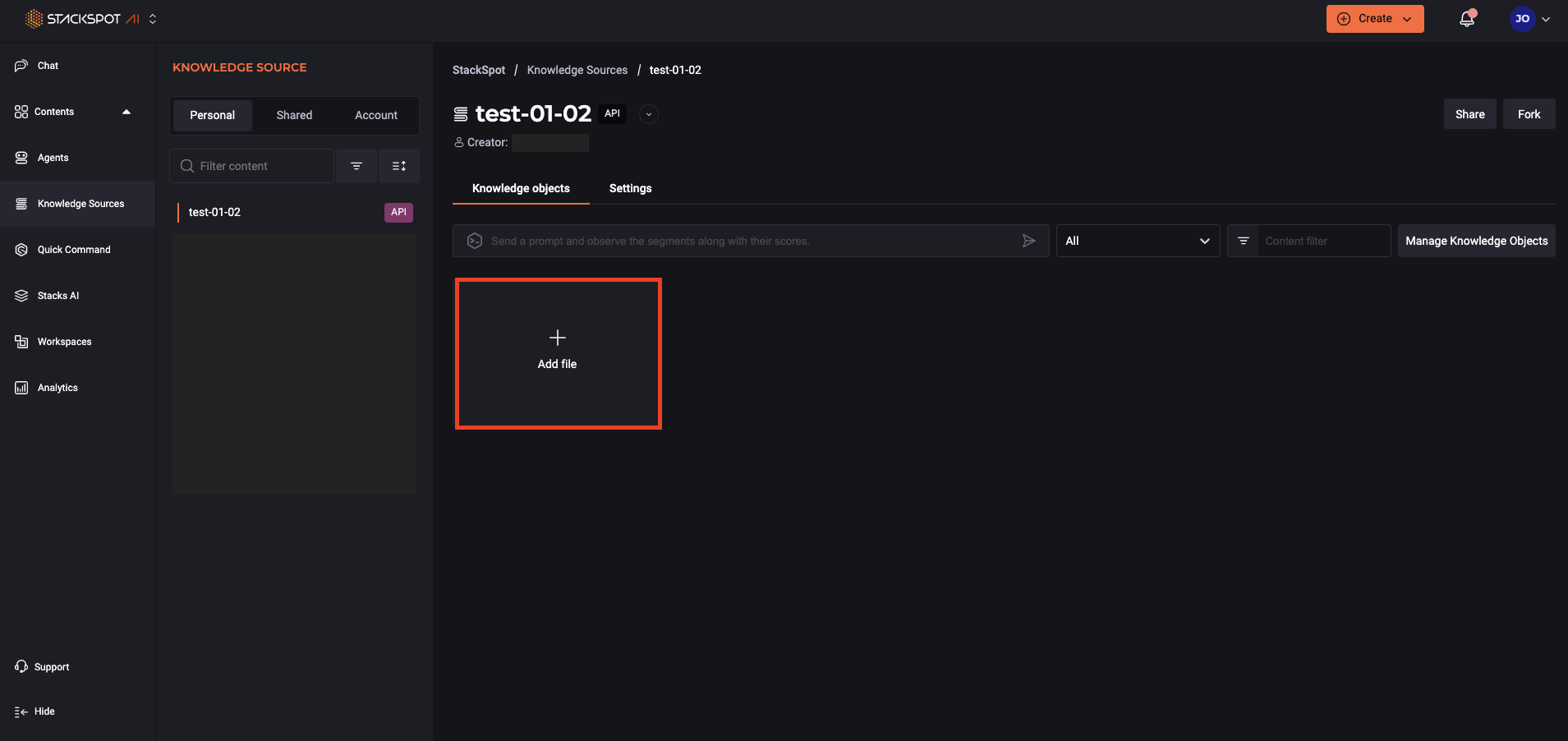 Captura de tela da página de criação de API de Knowledge Source no Portal StackSpot, exibindo a aba Knowledge Objects com o botão Adicionar arquivo para upload de documentos.