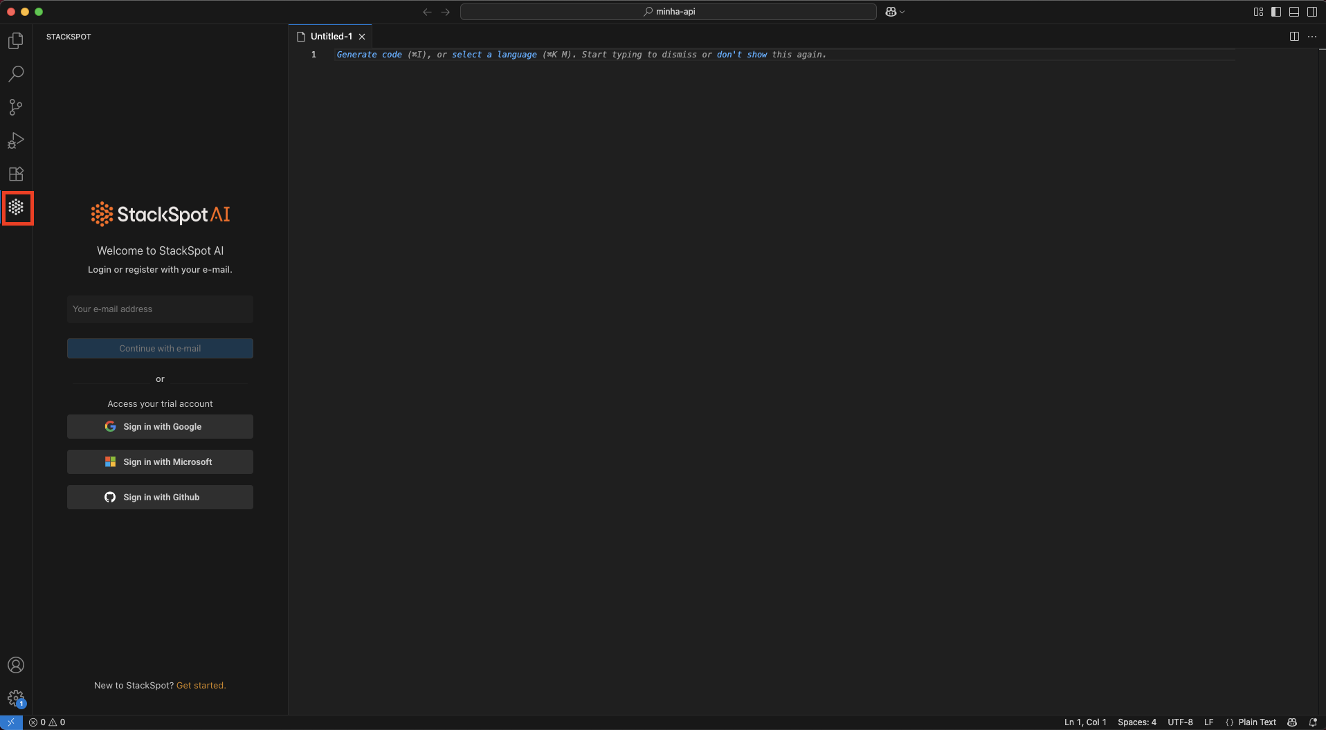 Imagem mostrando a pagina de login da extensão da StackSpot AI no VSCode