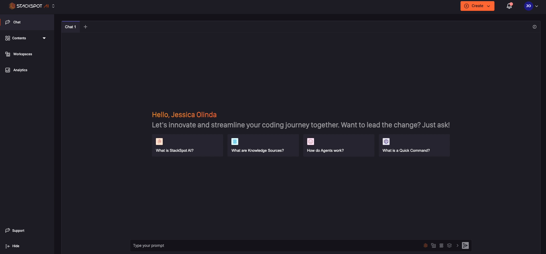 GIF mostrando o novo chat da StackSpot na página inicial demonstrando a funcionalidade de chat na página inicial do Portal StackSpot. A animação mostra um usuário acessando o chat, digitando e enviando uma mensagem, destacando a interação em tempo real com a ferramenta.