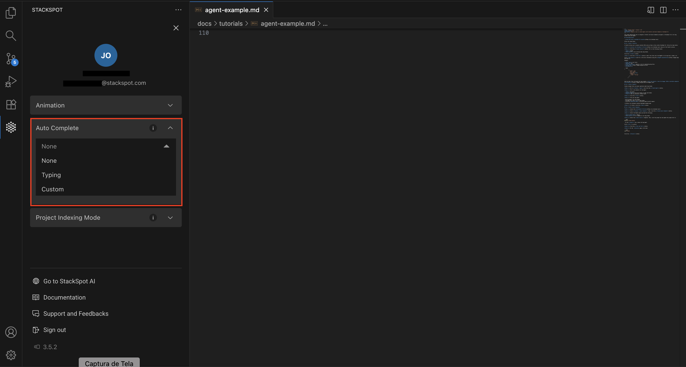 Image mostrando o autocomplete na IDE com as opções none, typing mode e custom mode.