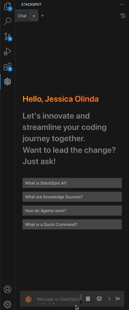 GIF mostrando o usuário clicando no botão Adicionar + para iniciar um novo chat e, em seguida, clicando no botão history para acessar o histórico de conversas na interface da StackSpot AI.